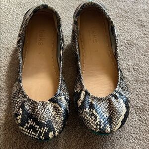 Tieks Black and Cream Snake Print Flats